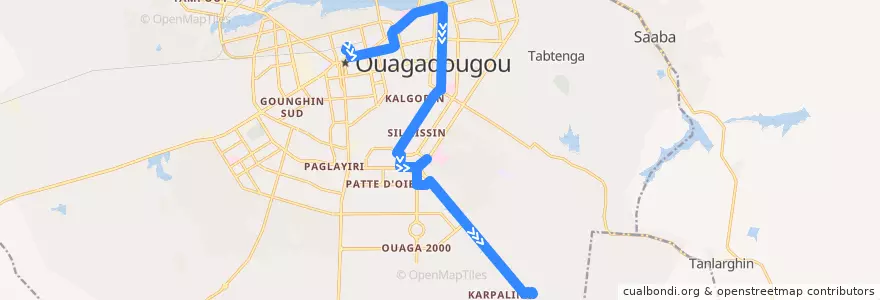 Mapa del recorrido 2B: Terminus Balkuy→Naaba Koom de la línea  en Ouagadougou.