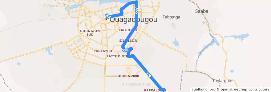 Mapa del recorrido 2B: Naaba Koom→Terminus Balkuy de la línea  en Ouagadougou.