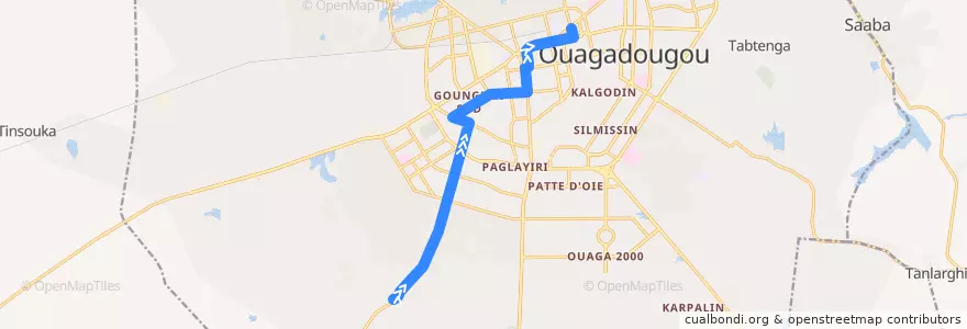 Mapa del recorrido 12: Terminus Bonnheur ville→Zones des ecoles de la línea  en Ouagadougou.