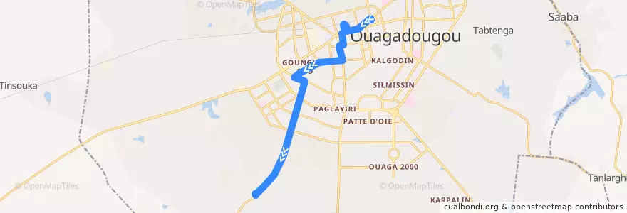 Mapa del recorrido 12: Zone des écoles→Terminus Bonnheur ville de la línea  en Ouagadougou.