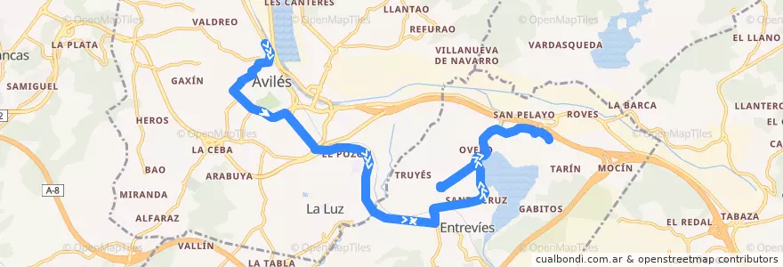 Mapa del recorrido L5-A: Avilés - ParqueAstur de la línea  en Asturies.
