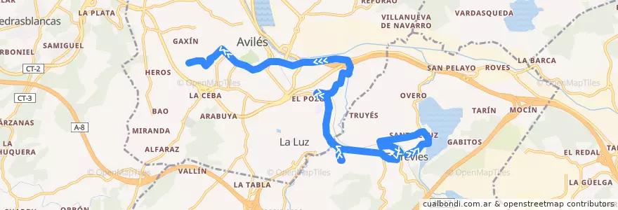 Mapa del recorrido L6-A: Los Campos - Llaranes - Hospital San Agustín de la línea  en 阿斯圖里亞斯.