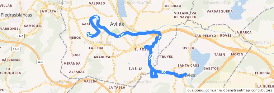 Mapa del recorrido L6-B: Hospital San Agustín - Llaranes - Los Campos de la línea  en آستوریاس.