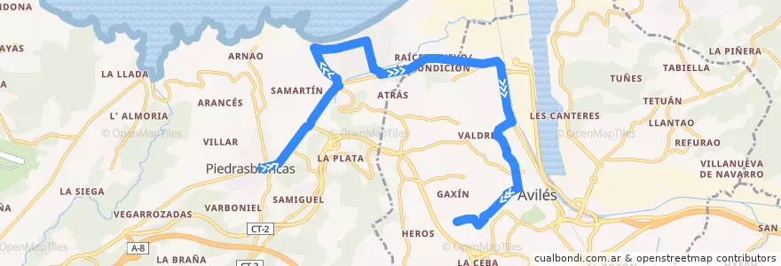 Mapa del recorrido L11-A: Piedras Blancas - Salinas - Raíces - Hospital San Agustín de la línea  en アストゥリアス州.