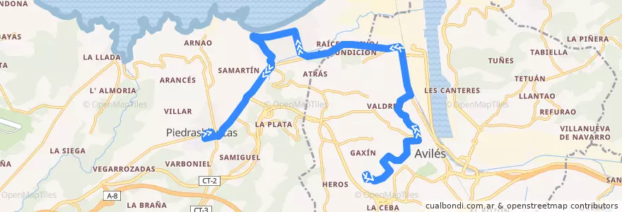 Mapa del recorrido L11-B: Hospital San Agustín - Raíces - Salinas - Piedras Blancas de la línea  en Asturie.