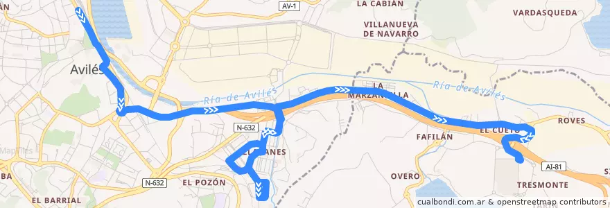 Mapa del recorrido L15-A: Avilés - Llaranes - ParqueAstur de la línea  en アストゥリアス州.