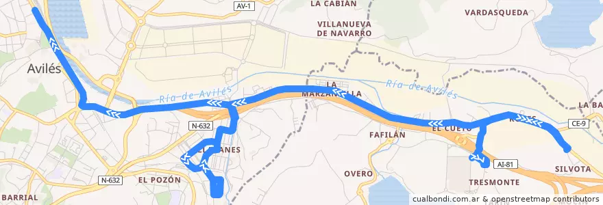 Mapa del recorrido L15-B: ParqueAstur - Llaranes - Avilés de la línea  en 阿斯圖里亞斯.