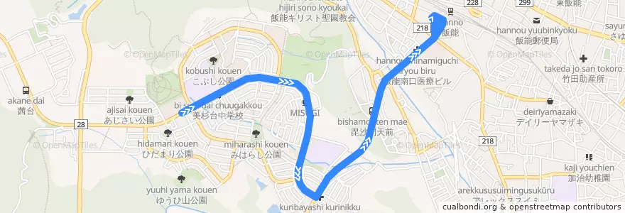 Mapa del recorrido 飯20 飯能駅南口～美杉台ニュータウン行 de la línea  en 飯能市.
