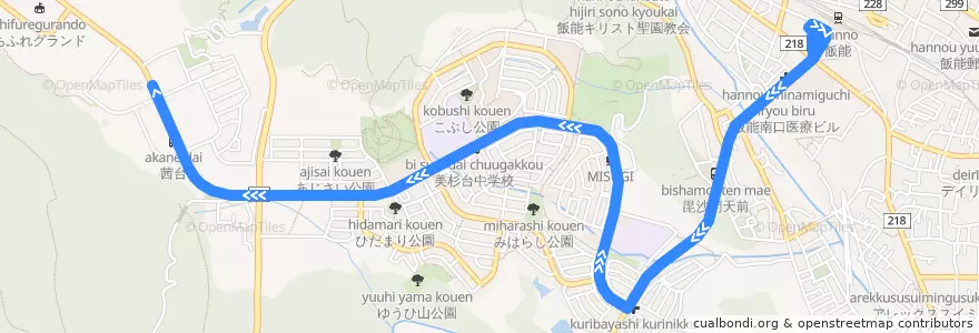 Mapa del recorrido 飯21 飯能駅南口～ユーエイキャスター前行 de la línea  en 飯能市.