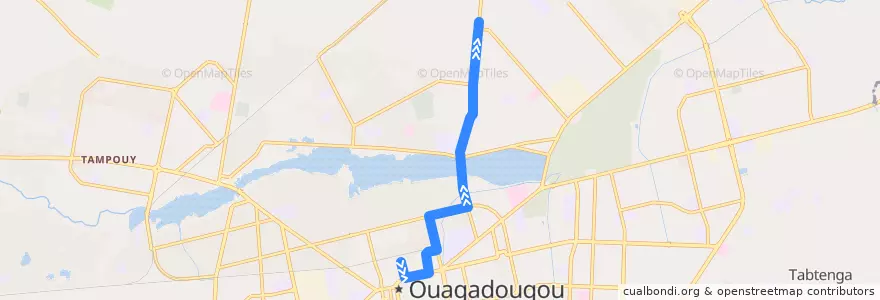 Mapa del recorrido 6: Naaba Koom→Terminus Koulwéoghin de la línea  en Ouagadougou.