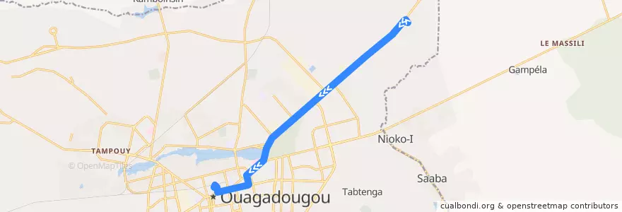 Mapa del recorrido 6B: Terminus Péage→Naaba Koom de la línea  en Ouagadougou.