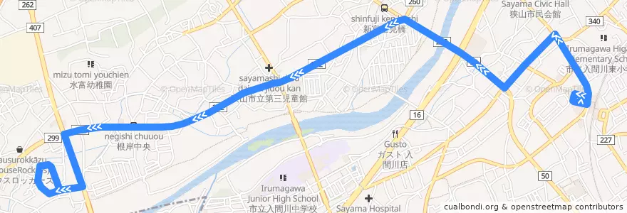 Mapa del recorrido 狭山20 狭山市駅西口～狭山グリーンハイツ行 de la línea  en Sayama.