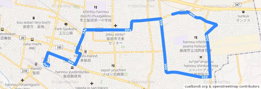 Mapa del recorrido 飯15-2 市営住宅経由飯能駅ゆき de la línea  en 飯能市.