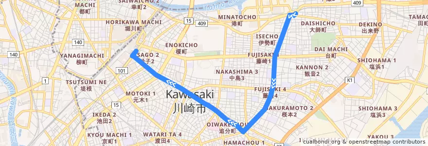 Mapa del recorrido 大師線 大師 => 川崎駅 de la línea  en 川崎区.