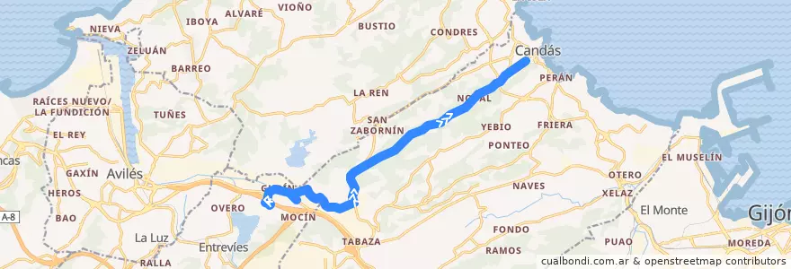 Mapa del recorrido L16-A: ParqueAstur - Candás de la línea  en Carreño.