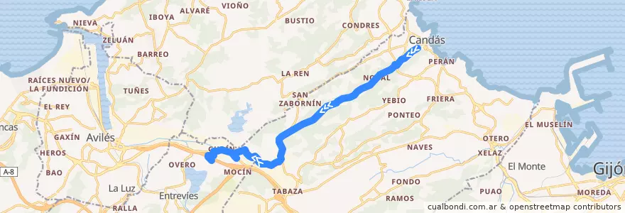 Mapa del recorrido L16-B: ParqueAstur - Candás de la línea  en Carreño.