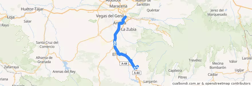Mapa del recorrido Bus 0360: Nigüelas → Dúrcal → Marchena → El Padul → Alhendín → Granada de la línea  en Гранада.