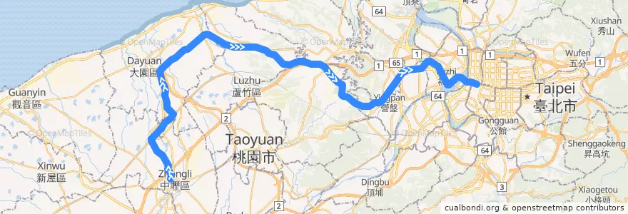 Mapa del recorrido 桃園國際機場捷運 (東向) de la línea  en تايوان.