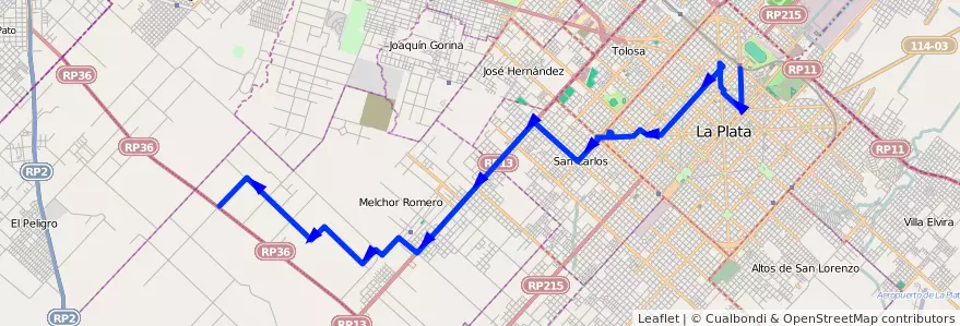 Mapa del recorrido 85 de la línea Oeste en Partido de La Plata.