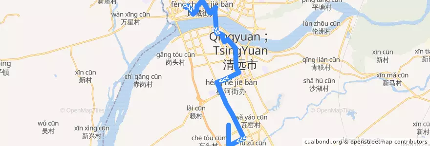 Mapa del recorrido 清远203路公交（西门塘公交总站→华南863科技创新园） de la línea  en Qingcheng District.