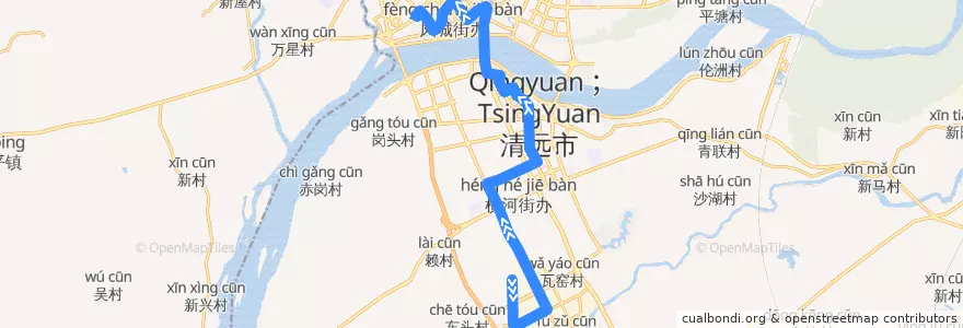 Mapa del recorrido 清远203路公交（华南863科技创新园→西门塘公交总站） de la línea  en Qingcheng District.