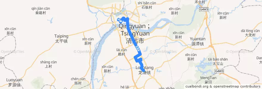 Mapa del recorrido 清远204路公交（西门塘公交总站→龙塘） de la línea  en Qingcheng District.