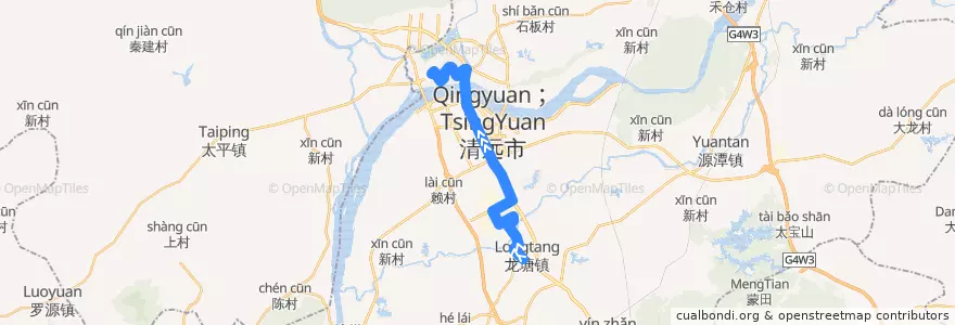 Mapa del recorrido 清远204路公交(龙塘→西门塘公交总站) de la línea  en Qingcheng District.