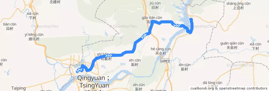 Mapa del recorrido 清远206路公交（西门塘公交总站→飞来峡） de la línea  en Qingcheng District.
