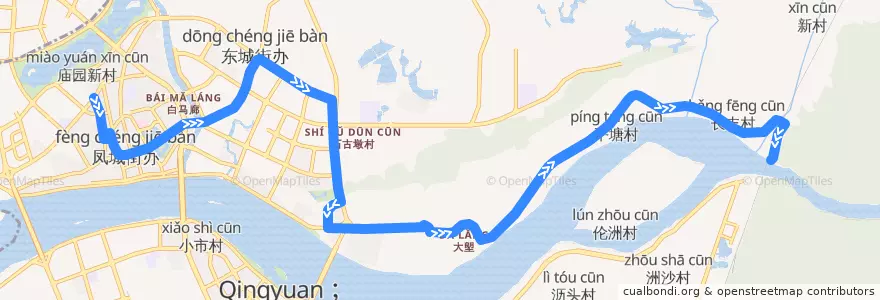 Mapa del recorrido 清远207路公交（西门塘直街→白庙村） de la línea  en 东城街办.