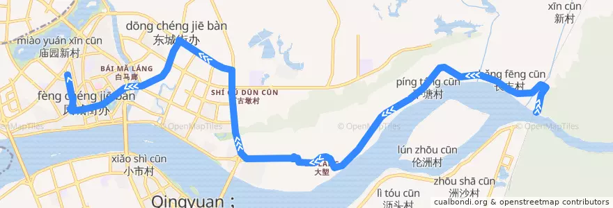 Mapa del recorrido 清远207路公交（白庙村→西门塘直街） de la línea  en THE STREET OF East side of Qingyuan.