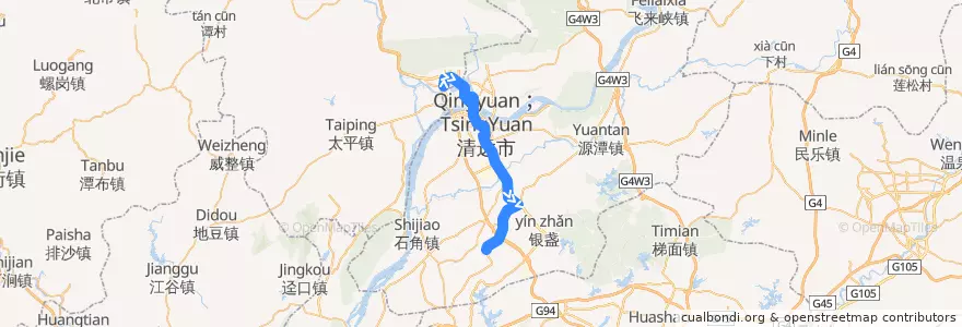 Mapa del recorrido 清远210路公交（城北客运站→北部万科城） de la línea  en Qingcheng District.