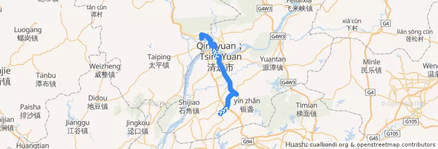 Mapa del recorrido 清远210路公交（北部万科城→城北客运站） de la línea  en Qingcheng District.