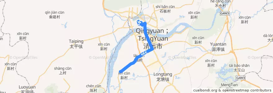 Mapa del recorrido 清远211路公交（西门塘直街→清远监狱） de la línea  en Qingcheng District.