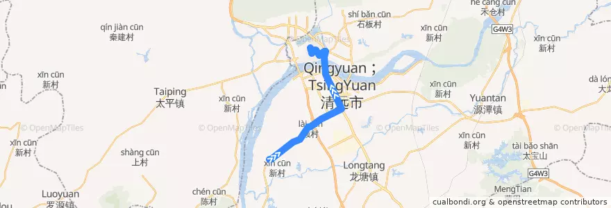 Mapa del recorrido 清远211路公交（清远监狱→西门塘直街） de la línea  en Qingcheng District.