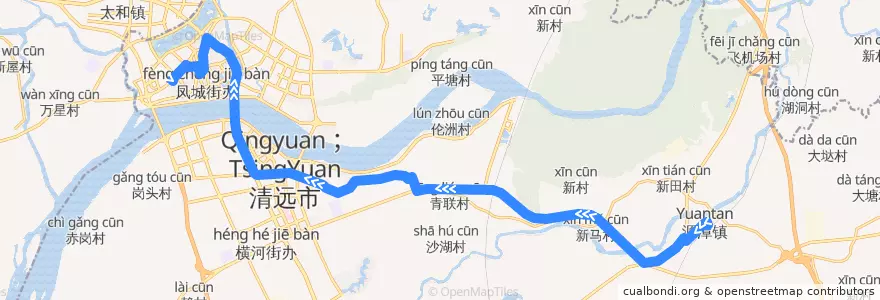 Mapa del recorrido 清远213路公交（源潭火车站→西门塘公交总站） de la línea  en Qingcheng District.