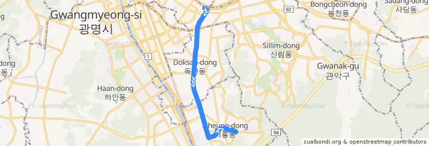 Mapa del recorrido 서울 버스 5617 (시흥동 방면) de la línea  en 금천구.