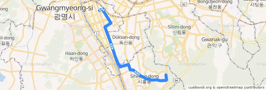 Mapa del recorrido 서울 버스 금천01-1 (벽산아파트 방면) de la línea  en 금천구.