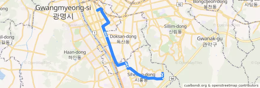 Mapa del recorrido 서울 버스 금천01-1 (가산디지털단지역 방면) de la línea  en 금천구.