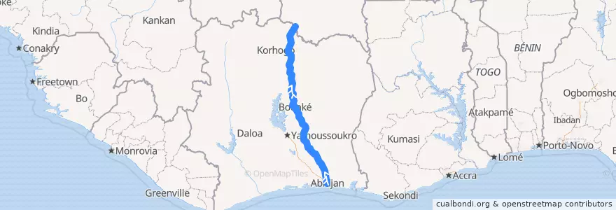 Mapa del recorrido Abidjan - Ouagadougou de la línea  en Costa d'Avorio.