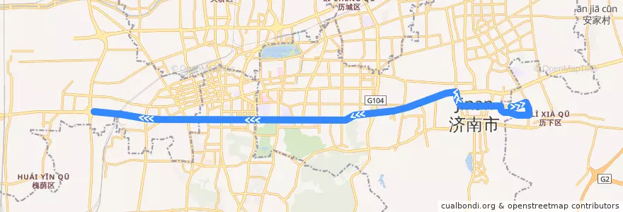 Mapa del recorrido T3龙奥公交枢纽—>腊山立交桥 de la línea  en 济南市.