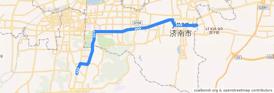 Mapa del recorrido T1西八公交车场—>龙奥公交枢纽 de la línea  en 济南市.