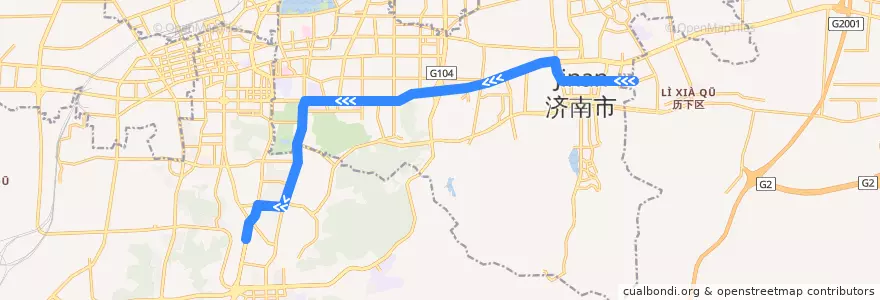 Mapa del recorrido T1龙奥公交枢纽—>西八公交车场 de la línea  en 济南市.