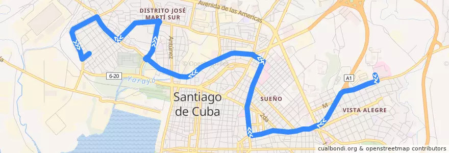 Mapa del recorrido Ruta 37. Hosp. C. Quirurgico->Nuevo Vista Alegre de la línea  en Ciudad de Santiago de Cuba.