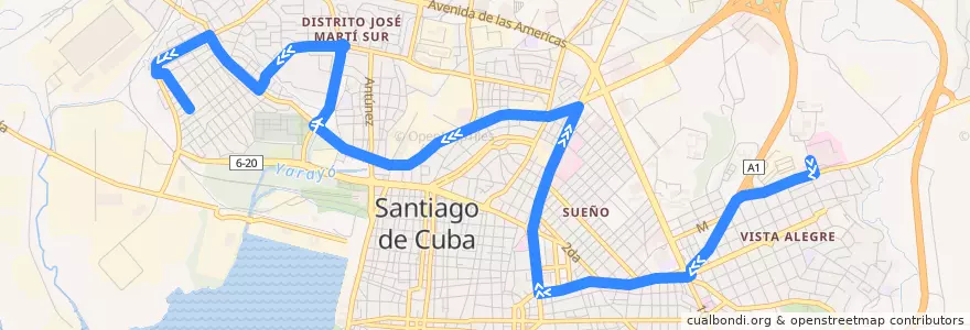 Mapa del recorrido Ruta 37. Nuevo Vista Alegre->Hosp. C. Quirurgico de la línea  en Ciudad de Santiago de Cuba.
