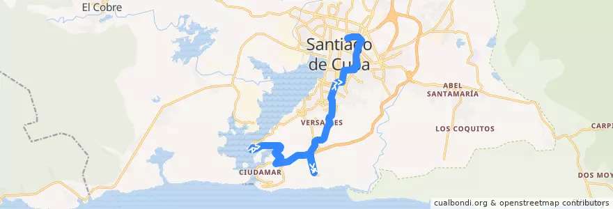 Mapa del recorrido Ruta A7. Punta Gorda->Yarayo de la línea  en Ciudad de Santiago de Cuba.