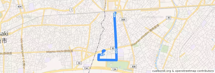 Mapa del recorrido 辻03:辻堂駅南口=>辻堂団地 de la línea  en 藤沢市.