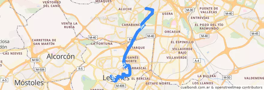 Mapa del recorrido Bus 484: Estación FFCC Leganés → Oporto de la línea  en Área metropolitana de Madrid y Corredor del Henares.