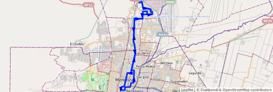 Mapa del recorrido 86 - Bº Espejo - Casa de Gob. de la línea G04 en Mendoza.