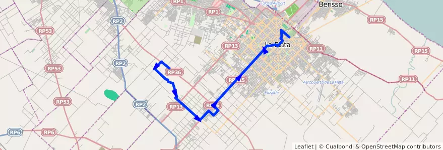 Mapa del recorrido 86 de la línea Oeste en Partido de La Plata.