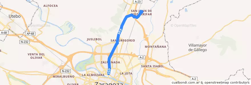 Mapa del recorrido Bus 102: Zaragoza => San Juan de Mozarrifar (por Carretera de Huesca) de la línea  en سرقسطة.